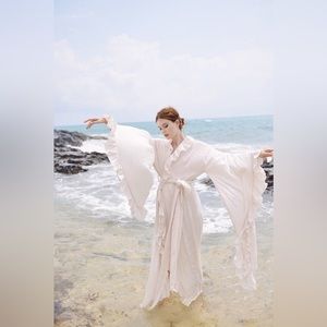 Lelasilk Linen / Cotton Gauze Kimono Robe Floor Length Ruffle White S/M